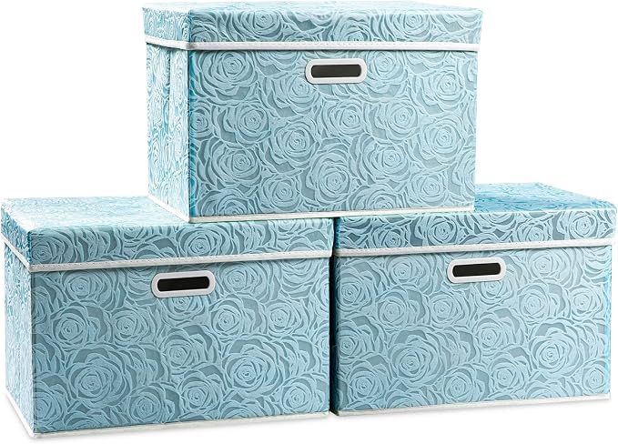 Larger Collapsible Storage Cubes with Lids Fabric Decorative Storage Bins Boxes Organizer Containers Baskets with Cover Handles for Bedroom Closet Living Room Blue 17.7x11.8x11.8 Inch 3 Pack
