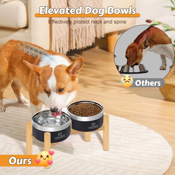 UPSKY 27oz Elevated Stainless Steel Dog Bowls Non-Slip Wooden Stand Black | Double Bowls, Raised Feeding, Reduces Neck Strain, For Small & Medium Dogs, Food and Water Use Indoor & Outdoor
