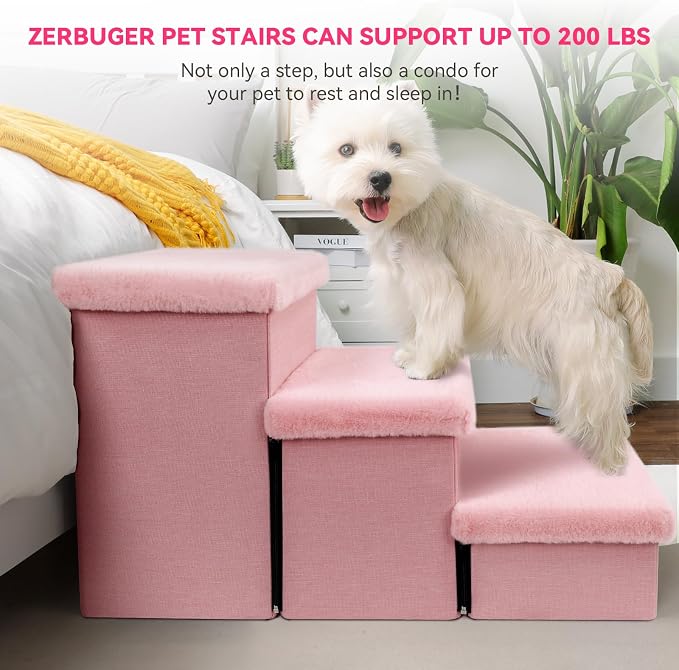 Zerbuger Dog Stairs with Storage, Pink Furry Lids 3 Steps Dog Ramp no Condo | 18" H Wider Dog Steps for High Beds Couch, Folding Storage Pet Stairs Gift for Climbing Small/Medium/Large Old Dogs Cats