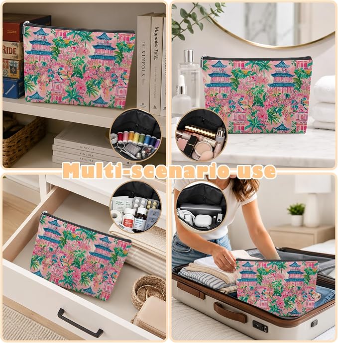 Pink Blue Chinoiserie Pagoda Empty Mahjong Tile Bag 13x7.8 Inch | Green Tropical Printed Portable Travel Case Organizer Zipper Pouch for American Mahjong Tiles Game Night Accessories andGifts
