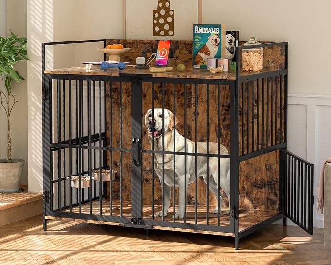 XL Dog Crate Furniture, 48" Large Wooden Dog Cage House with Adjustable Dog Bowls, Indoor Decorative Dog Kennel with Double Doors, Charging Station, Brown (48" L x 29.9" W x 42.9" H)