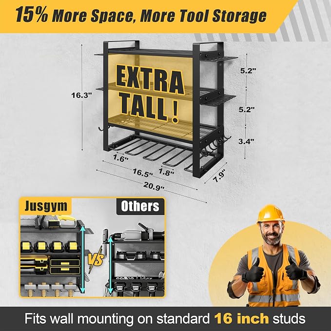4-Tier Power Tool Organizer Wall Mount, 200LBS Capacity, 4 Drill Holders | 3-Tube Reinforced Design, Holds 50+ Tools, Cordless Tool Organizer, Rust Resistant, Quick Assembly, Garage Gift for Men