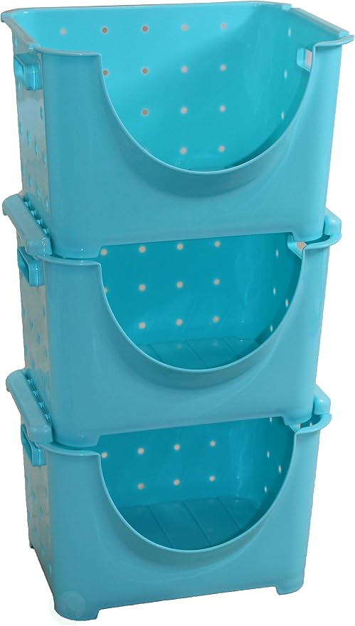 Basicwise Stackable Plastic Storage Container Open Front Side Handles and Ventilation Holes Durable Multi-Purpose Organizer Bin for Kitchen Pantry Closet Laundry Bathroom and Office Supplies, Blue