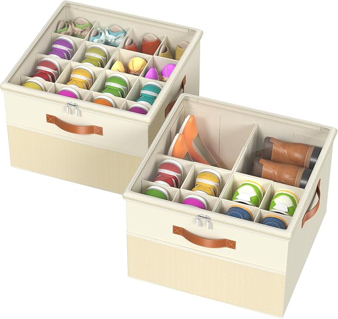 Shoe Organizer for Closet,2 Pack Foldable Shoe Storage Organizer Box Bin with Adjustable Dividers and Clear Cover, Fits up to 16-32 Pairs（Beige）