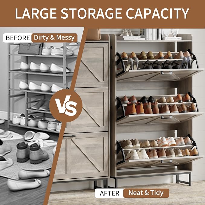 Xixini Shoe Storage Cabinet with 3 Flip Drawers, Entryway Shoe Rack, Grey | Freestanding Narrow Shoe Storage, Hidden Slim Wood Shoe Organizer, Modern Farmhouse, Open Storage & Hooks for Closet, Hallway