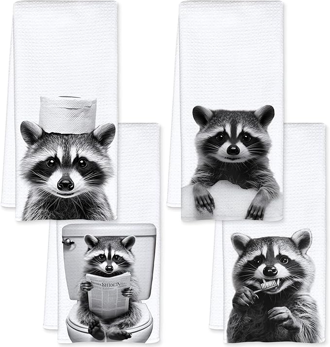 Raccoon Bathroom Decor Hand Towels, Raccoon Gifts for Women, Animal Lover Gifts, Black and White Funny Animal Hand Towels for Bathroom Washroom Restroom Decor, 16x24 Inch, Set of 4