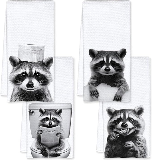 Raccoon Bathroom Decor Hand Towels, Raccoon Gifts for Women, Animal Lover Gifts, Black and White Funny Animal Hand Towels for Bathroom Washroom Restroom Decor, 16x24 Inch, Set of 4