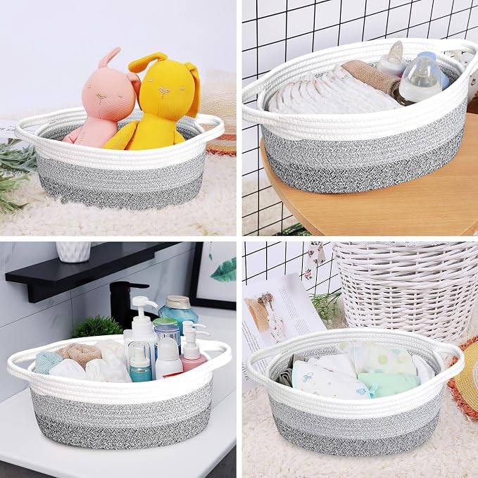 ABenkle Small Basket with Handles, Boho Decorative Rope Woven Dog Cat Toy Storage Bin Shelf Storage Organizer, Easter Christmas Gift Basket, 12"x8"x5"