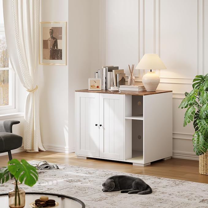 Large Robot 4 Litter Box Enclosure Cabinet with Built-in Power Outlet | Automatic Self‑Cleaning Litterboxes Furniture, Dog‑Proof Shelf, Robot Cabinet for Litter Box White