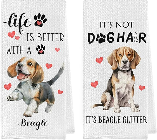 Beagle Dish Towels - Funny Waffle Weave Kitchen Hand Towels, Tea Towels, Gifts for Women (1624 Inches Set of 2)