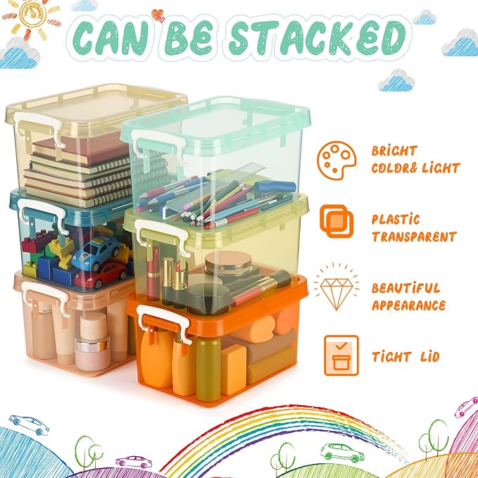 12 Pack Colorful Plastic Storage Bins with Lids 4 Quart Small Storage Latch Box Stackable and Nestable Clear Organizer Bins with Latching Handle and Buckle for Organizing (Pastel)