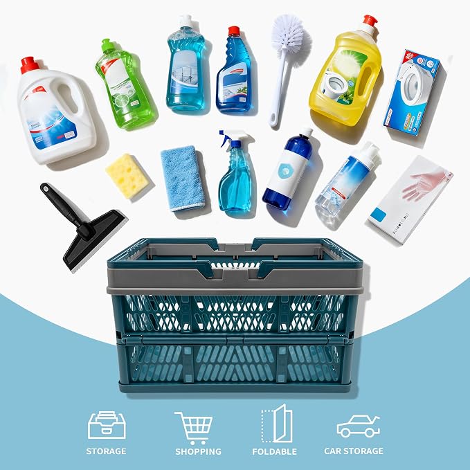 VALESKA 17" Plastic Milk Crate (Deepblue),33L Collapsible Crates for Storage, Foldable Collapsible Shopping Basket with Handles,Car Trunk Basket,for Kitchen