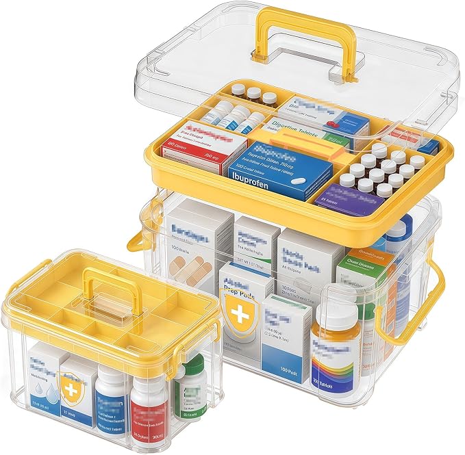 2 Pack Clear Medicine Organizer Box with Handle, Plastic Medicine Container with Tray First Aid Box Empty, Thickened Medicine Storage Organizer Multipurpose Medication Organizer Storage, Yellow