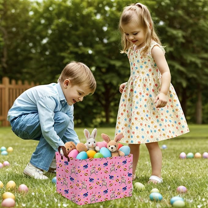 Large Cute Easter Basket for Kid Empty Gift Baby Rectangle Storage Bin Bunny Eggs Boy＆Girl Room Décor (Rabbit Rugby Pink)