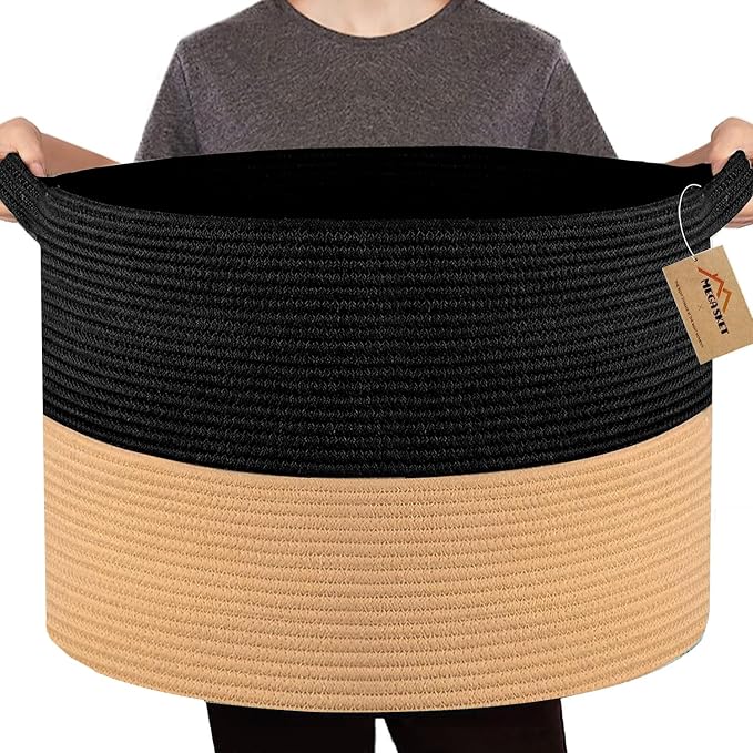 MEGASKET Extra Large Storage Basket, 22" X 14" Blanket Storage for Living Room, Decorative Kids Dog Toy Bin Box, Big Woven Cotton Rope Baskets for Organizing, Farmhouse Blanket Pillow Holder Organizer