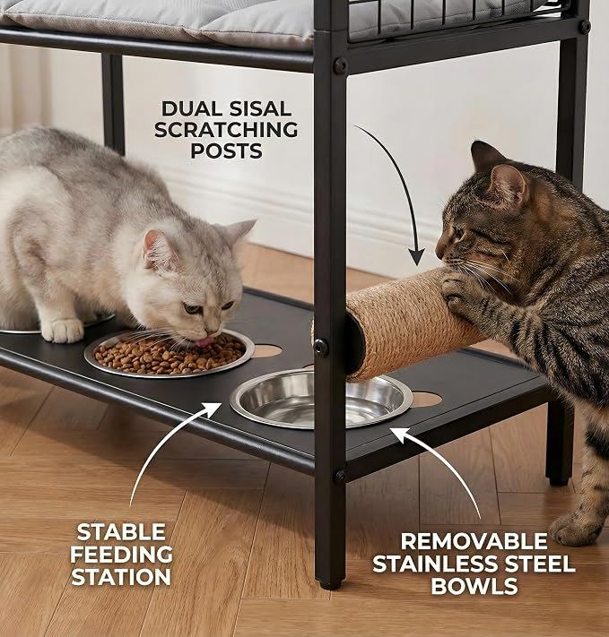 Cat Feeding Station Furniture with Scratching Post, 3-Tier Cat Food Organizer & Storage, Raised Feeding Stand with 2 Stainless Steel Bowls, Space-Saving Cat Shelf for Small Spaces, Black