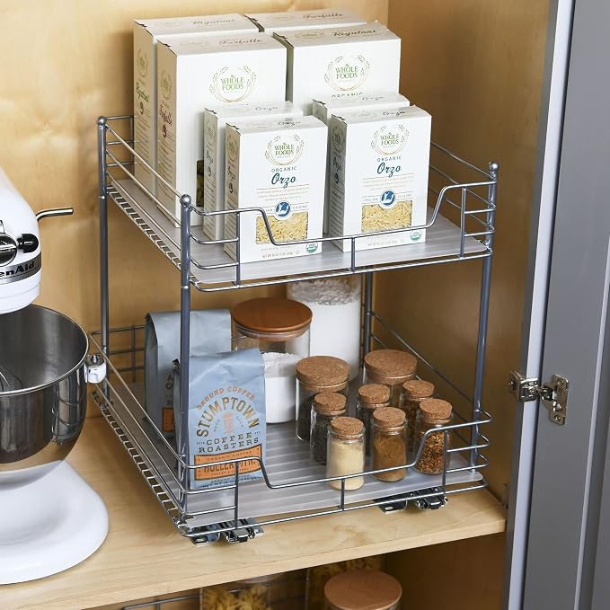 Household Essentials Brushed Steel & Plastic Two-Tier Pantry Organizer, Silver