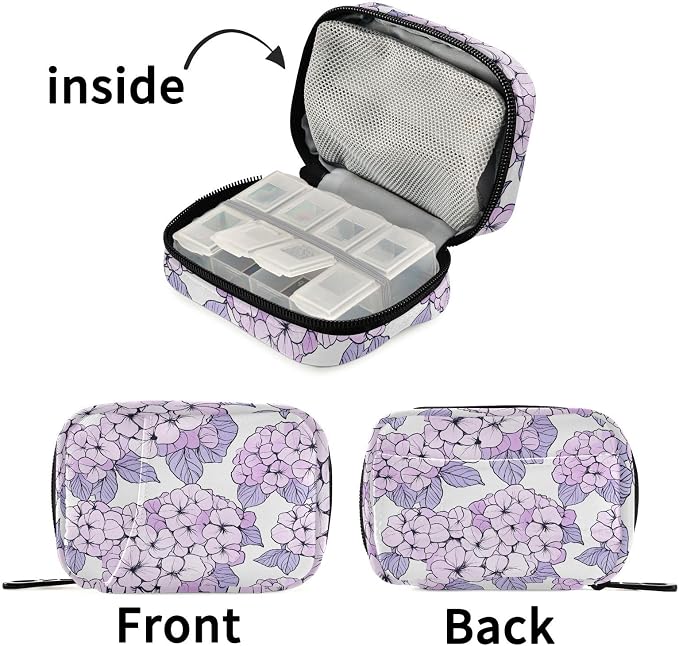 Fustylead Beautiful Light Purple Hydrangea Flower Pill Organizer Travel Bag, Small Portable Pill Case Cute for Vitamin Fish Oil Supplements Medicine Organizer with Zipper