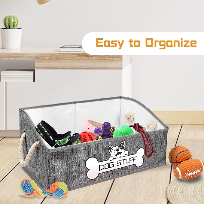 Dog Toy Basket, Storage Bin, Collapsible Box for Pet Accessories | Fabric Container With Handle, Trapezoid Holder for Small Medium dogs, Organizer for Living Room, Light Gray