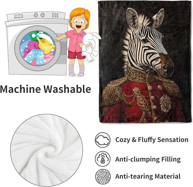 Cool Zebra Blanket Animal in Military Uniform Throw Blankets,Gifts for Adult Women Men,Lightweight Soft Fleece,Fantasy Lovers,Sofa Couch Bed Room Art Decor 50x60in
