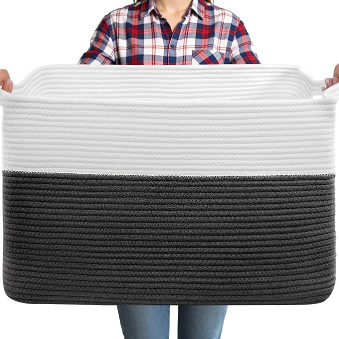 105L Large Blanket Storage Basket with Handles - White & Black | Extra-large 25"x16"x16". Soft cotton, foldable, washable.Holds blankets, pillows clothes for living room, bedroom, dorm.