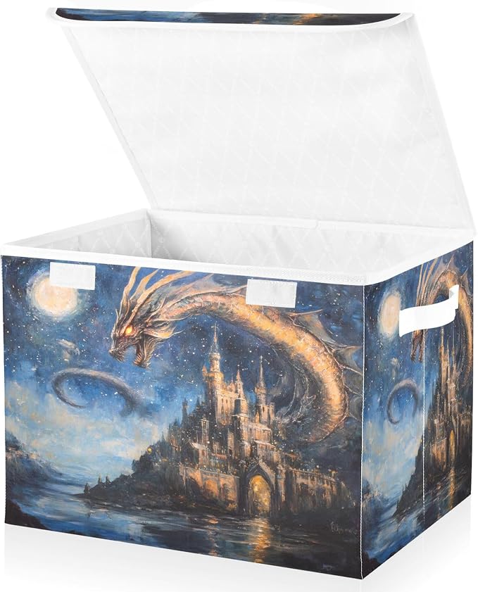 Dream Castle Dragon Storage Bins with Lids and Carrying Handle,Foldable Storage Boxes Organizer Containers Baskets Cube with Cover for Home Bedroom Closet Office
