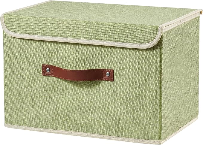Storage Boxes with Lids Cotton Linen Fabric Bins Baskets | Decorative Collapsible Washable, Clothes Container Organizer for Closet Shelf, w/ Faux Leather Handles, Green, Large