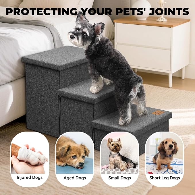 Zerbuger Dog Stairs with Storage, Dark Grey 3 Steps Dog Ramp no Condo | 18" H Wider Dog Steps for High Beds Couch, Folding Storage Pet Stairs Gift for Climbing Small/Medium/Large Old Dogs Cats