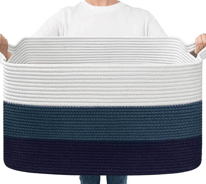 Goodpick Large Woven Rope Blanket Basket, Rectangle, Light Blue | 21.6'' x 14.9'' x 11.8'' Storage Basket for Toys, Books & Blankets, Bedroom & Nursery Organization, Reinforced Handles