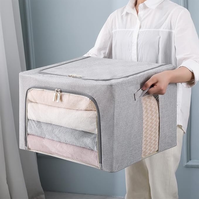 CYhom 3Pack Foldable Storage Bins - Frame Storage Box Linen Fabric Stackable Clothes Container Organizer with Clear Window & Carry Handles Large Capacity (Large-66L, Light Grey)