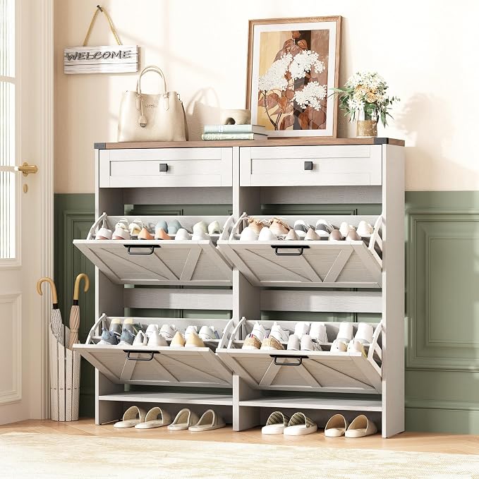 Halitaa Shoe Cabinet with 4 Flip Drawers & 2 Drawers,Farmhouse Shoe Storage Cabinet for Entryway,Slim Freestanding Organizer Rack for Front Door Entrance,White