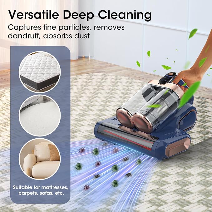 Bed Mattress Vacuum Cleaner Cordless 16Kpa Handheld Vacuum, Vacuum Cleaner with 253.7nm UV-C Light,HEPA Filter & Ultrasonic, Portable Vacuums for Sofa Couch Crib Birthday Gifts for women blue+gold | HEPA Filter & Ultrasonic, Portable Vacuums for Sofa C...