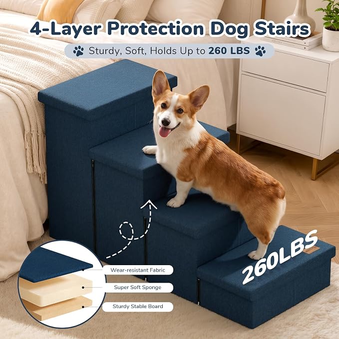 4-Step Wide Dog Stairs with Storage 23" H, Non-Slip Sturdy Pet Steps for High Bed Couch Window, Pet Stairs for Small/Medium/Large Old Dogs Cats Up to 220lbs, Cat Dog Steps for Car/SUV, Navy