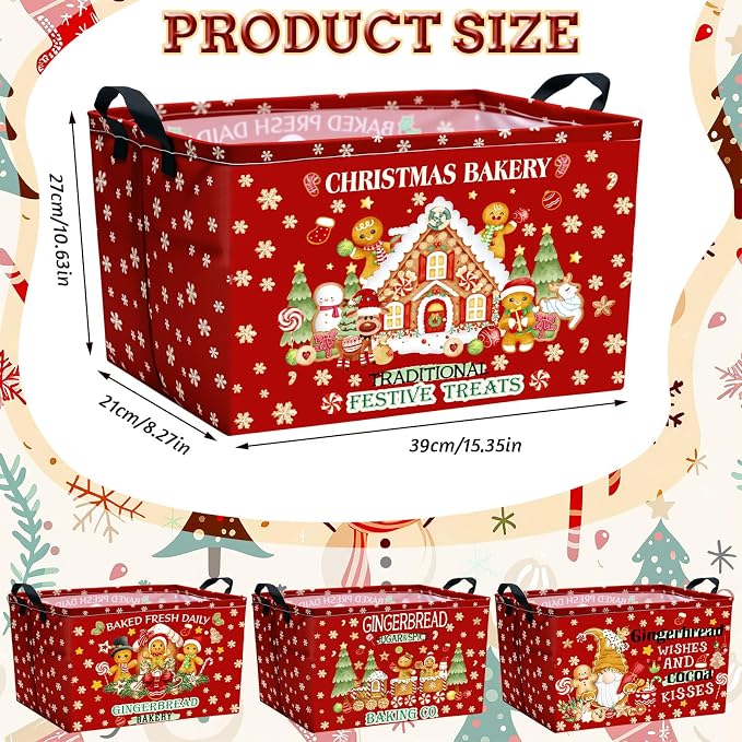 4 Pcs Christmas Storage Basket for Gifts Empty Large Gingerbread Man Storage Bins 15 x 10 x 8 Fabric Laundry Baskets with Handle Xmas Foldable Organizer Boxes for Office Home Cloth Toys Books