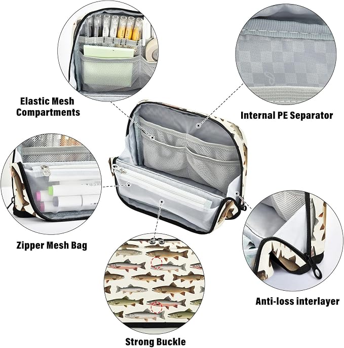 Aslsiy Large Capacity Pencil Case Retro Fish (2) Pencil Pouch for Boys Girls Portable Pen Bag Organizer Standing Makeup Bag for School Office Supplies