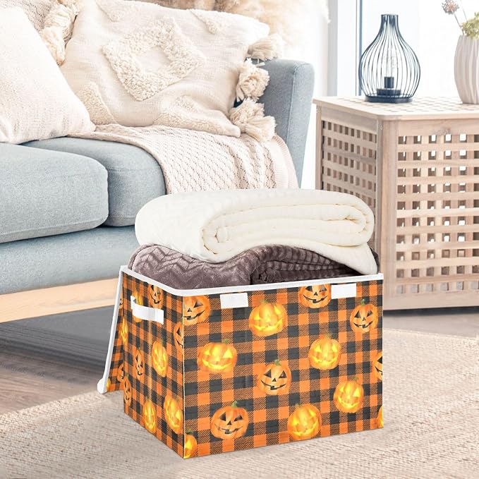 Storage Bins with Lid Halloween Pumpkin Foldable Storage Boxes 40L Baskets | Decorative Storage Boxes, 300D Oxford Cloth, Hollow Board Frame, Flip Top Velcro Lid, 16.5x12.6x11.8 inch, Collapsible Design