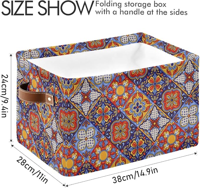 Foldable Storage Baskets, Mexican Ceramic Tile Pattern Storage Bins with Handles, Decorative Cloth Organizer Storage Boxes for Home|Office 15 x 11 x 9.5 in