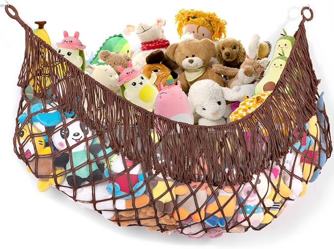 Stuffed Animal Hammock - Extra Large 63'' Long (Chocolate color) | Premium Cotton Hand-knitted, Beautiful Long Tassel, Storage Hanging Organizer, Can Fit Stuffed Animals 40 Piece or More