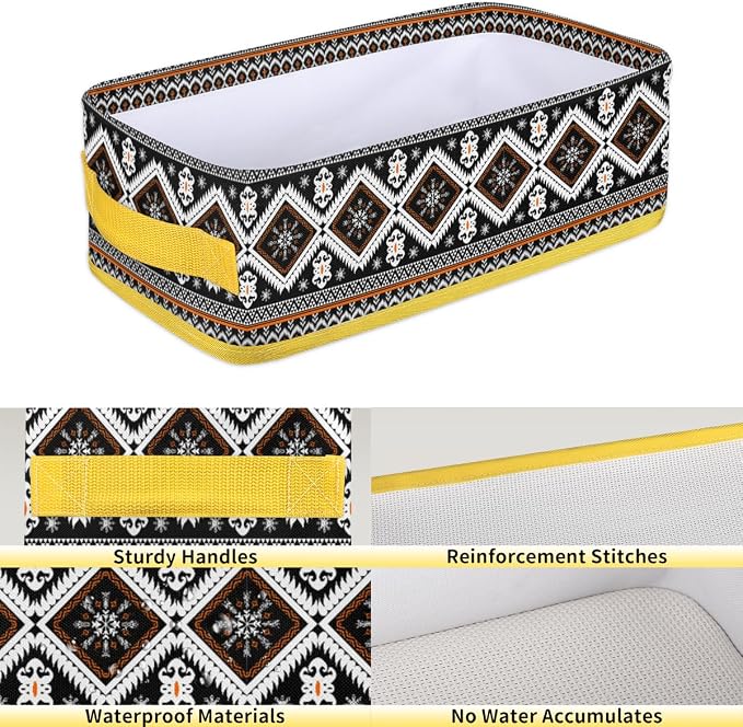 Vintage Ethnic Flower Pattern Bathroom Storage Basket, Foldable with Handle Open Countertop Paper Towel Decorative Box, Toilet Tank Top Shelf Baskets for Home Closet Bedroom Living Room Office