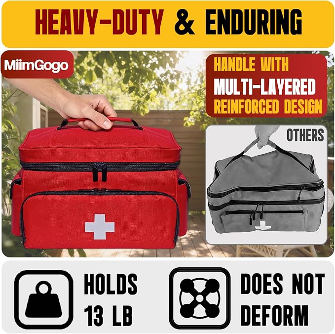 Small First Aid Bag Empty Medical Bag Red Pill Bottle Organizer Case, Portable Emergency Bag Travel Medicine Kit Storage 12" x 9" x 7" First Aid Box for Car, Home, Office, Dorm, Camping (Red)