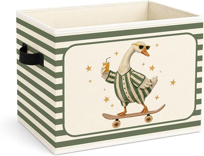 Skateboard Goose Storage Bin, Foldable Fabric Basket for Kids Room | Foldable fabric storage bin with funny goose design for toys, books, clothes, nursery, bedroom, and playroom use.
