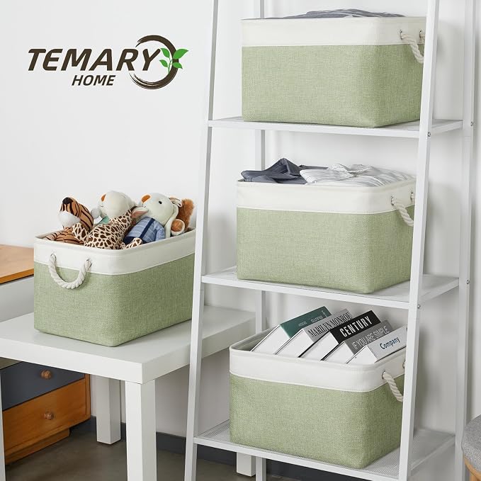 Temary Fabric Storage Baskets 4Pack Storage Bins Decorative Basket for Gift, Clothes Bin with Handles, Rectangle Baskets for Storage, Blankets(White&Green,15x11x9.5 inch)