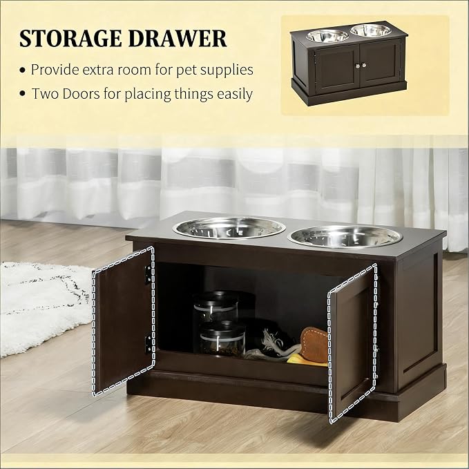 Dog Feeding Station with Storage, 2 Stainless Steel Bowls, Coffee, Elevated Dog Bowl Holder, Dog Feeder Stand, Wooden Dog Food Organizer for Indoor, Dog Food Storage Cabinet