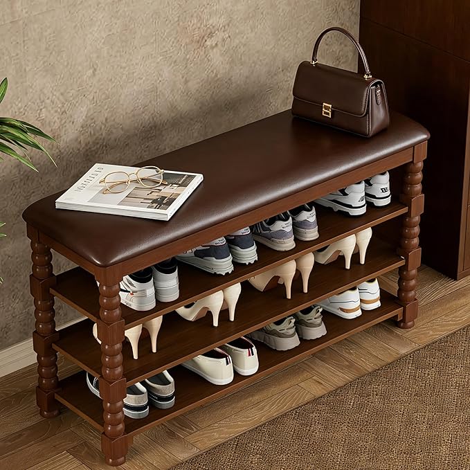 Homleke 39.4" Wide Solid Wood Shoe Rack Bench with Classic Turned Ball Legs | Tall 3-Tier Entryway Bench with Leather Seat, Holds Up to 12 Pairs, for Hallway, Bedroom and Closet, Walnut