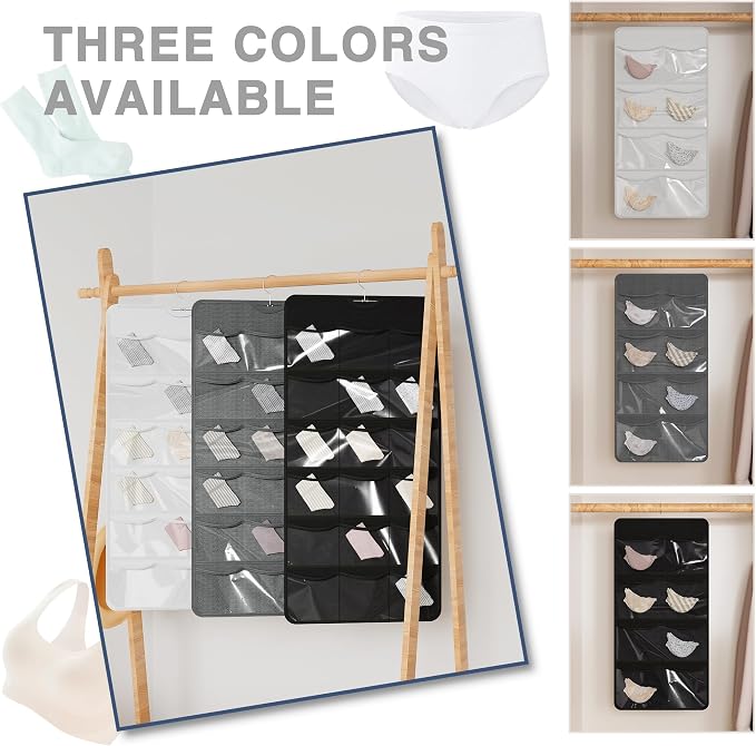 26-Pocket Hanging Closet Organizer for Socks and Underwear, White | Non-woven clear compartments keep bras & leggings visible; swivel hook fits wardrobe, closet rod, wall, door or shelves.