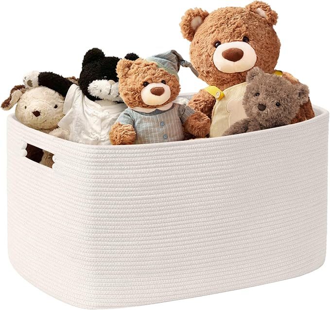 45L Small Woven Laundry Basket Hamper with Handles, White | collapsible wicker hamper, storage for dirty clothes, toys, blankets, gifts, living room, bedroom, bathroom, 18"x14"x11"