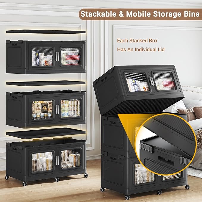 BROVIEW 880 Qt Extra Large Stackable Storage Bin with Lids, 4 Pack Black | 220Gal Extra Large, Collapsible Storage Boxes with 4 Lids, Folding& Rolling Plastic Drawer, Heavy-Duty Cabinet Organization