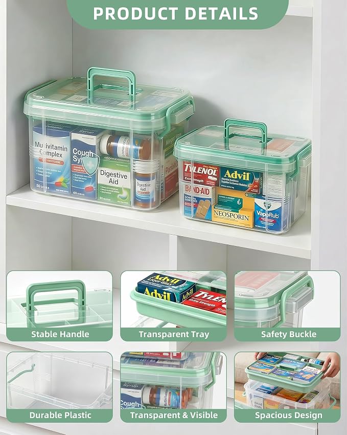 2 Pack Clear Medicine Storage Box with Removable Tray, Large & Small Size Thickened Empty First Aid Box with Carry Handle, Multipurpose Portable Medication Organizer for Home Travel Car Camping