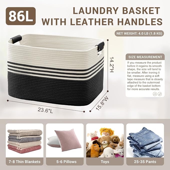 86L Large Woven Laundry Basket Hamper with Leather Handles,Black | collapsible wicker hamper, storage for dirty clothes, toys, blankets, gifts, living room, bedroom, bathroom, 24"x16"x14"