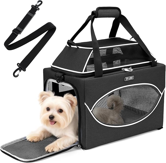 Lekereise Top-Expandable Pet Carrier 17x11x9.5 Inch Alaska Hawaiian Airline Approved Underseat to 12lbs Stable Car Travel Carriers for Small Dogs Cats with Locking Safety Zippers Anti-Scratch Mesh